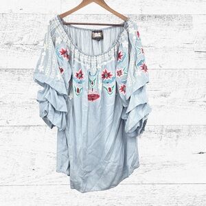 Vintage Collection Elegant Light Blue Embroidered Blouse with Ruffle Sleeves